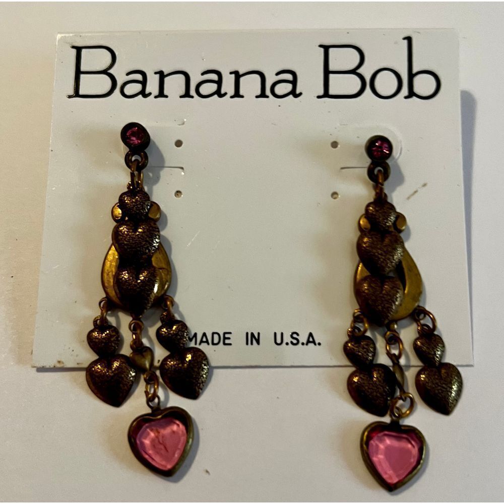 Vintage Banana Bob Brass‎ Dangle with Pink Rinestone Heart